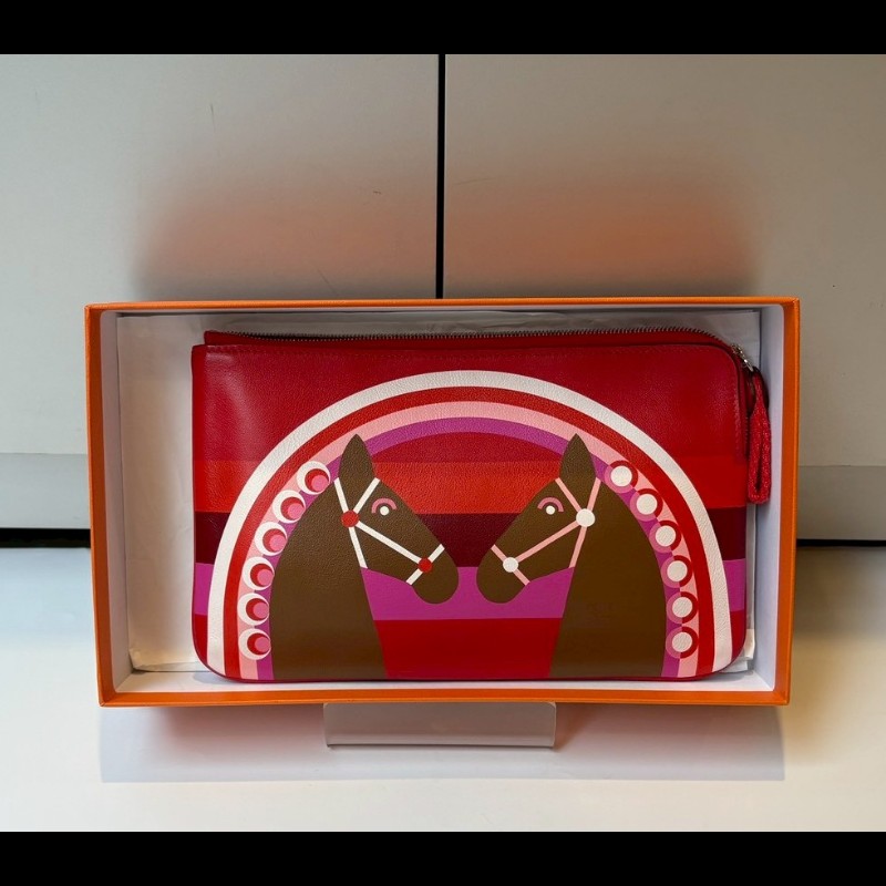 Hermes 雙馬彩虹之愛紅色系皮革小萬用包 Carre Pocket-0