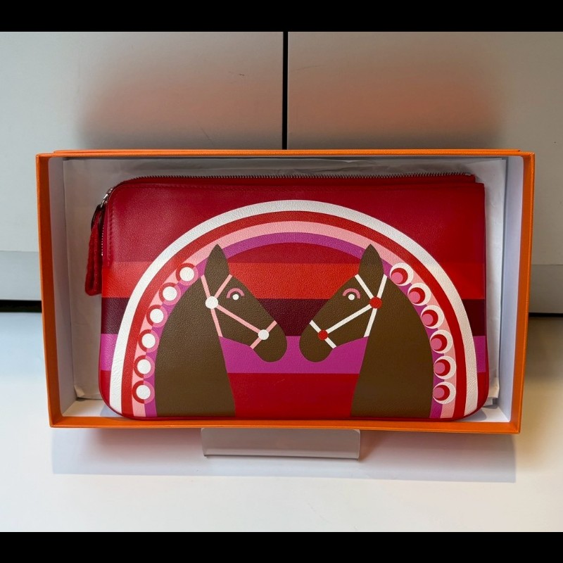 Hermes 雙馬彩虹之愛紅色系皮革小萬用包 Carre Pocket-1