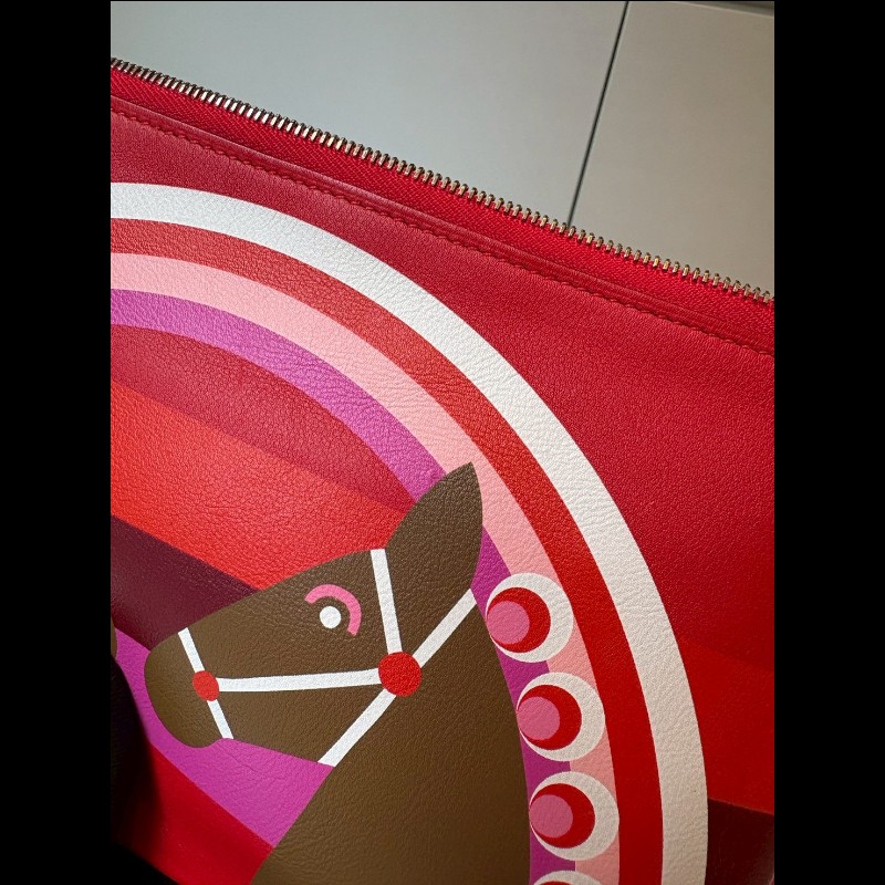 Hermes 雙馬彩虹之愛紅色系皮革小萬用包 Carre Pocket-5