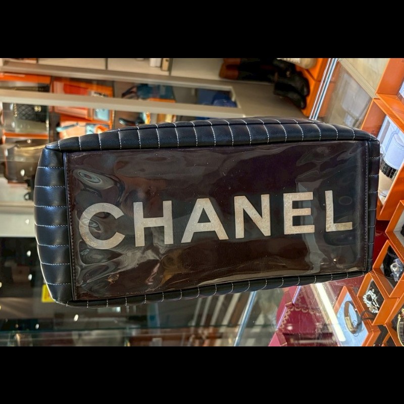 Chanel 銀鍊黑皮直格托特包-11