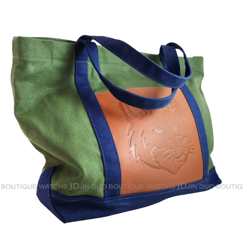 金鐸精品~2493 MAISON KITSUNE 軍綠色帆布拼接小狐狸頭皮革紋手提肩背包 托特包-2