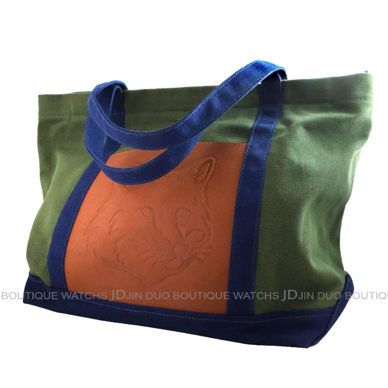 金鐸精品~2493 MAISON KITSUNE 軍綠色帆布拼接小狐狸頭皮革紋手提肩背包 托特包-3