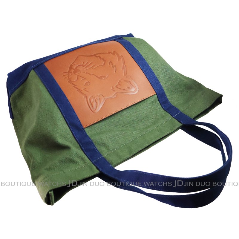 金鐸精品~2493 MAISON KITSUNE 軍綠色帆布拼接小狐狸頭皮革紋手提肩背包 托特包-4