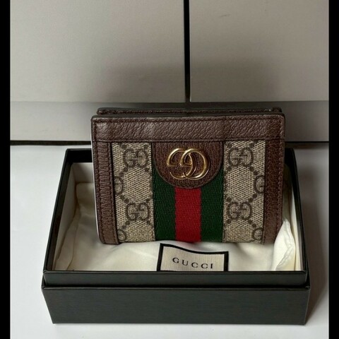 Gucci 綠紅綠咖邊GG pvc 短夾