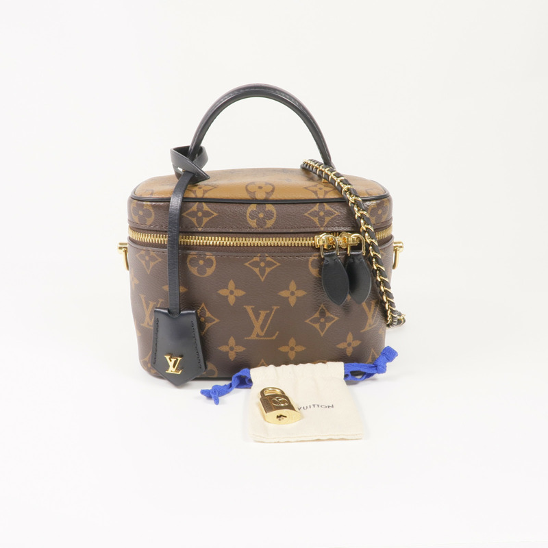 LOUIS VUITTON Monogram/Monogram Reverse Vanity PM金扣手挽肩背兩用袋棕色-16