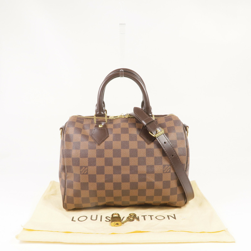 LOUIS VUITTON Damier Speedy Bandouliere 25金扣手挽肩背兩用袋棕色-14