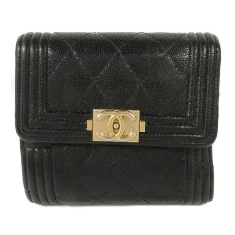 CHANEL 牛皮皮革Boy Trifold Wallet金扣錢包