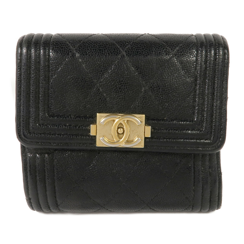 CHANEL 牛皮皮革Boy Trifold Wallet金扣錢包-0