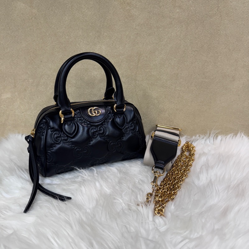 Gucci 黑金牛皮波士頓包 雙背帶 近全新-0