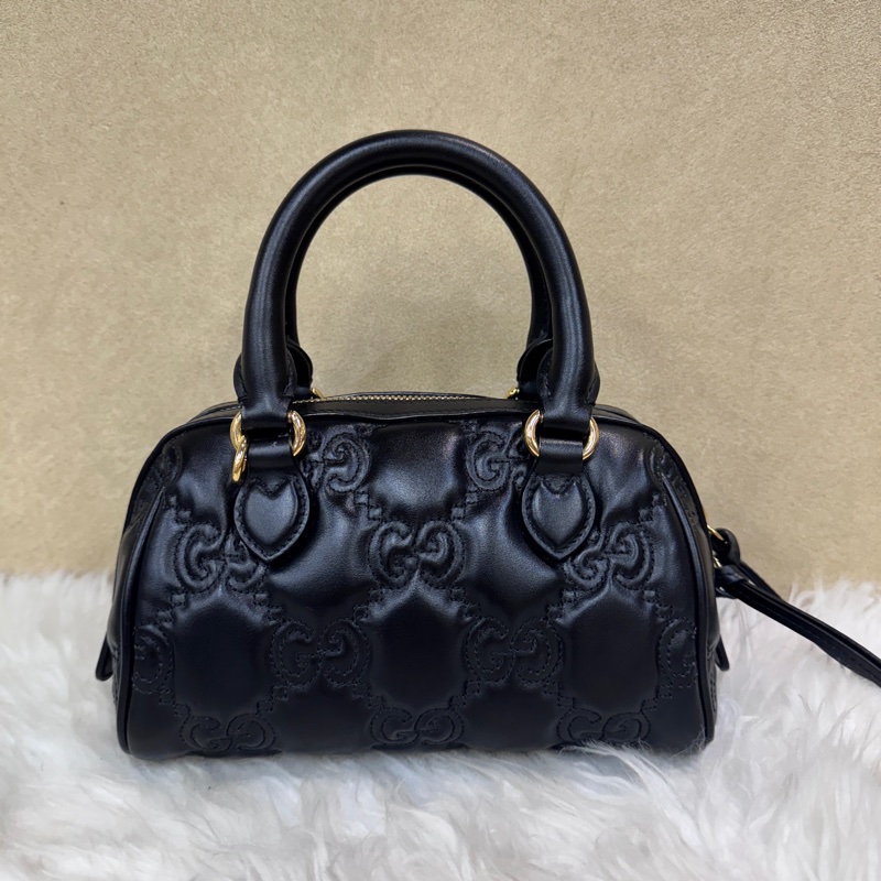 Gucci 黑金牛皮波士頓包 雙背帶 近全新-1