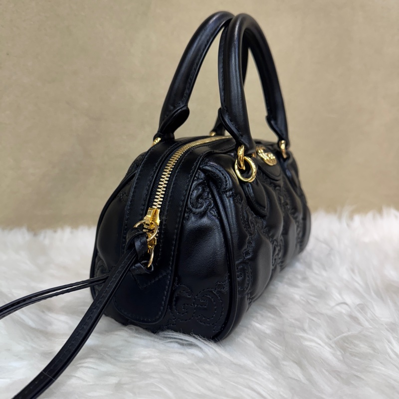 Gucci 黑金牛皮波士頓包 雙背帶 近全新-2