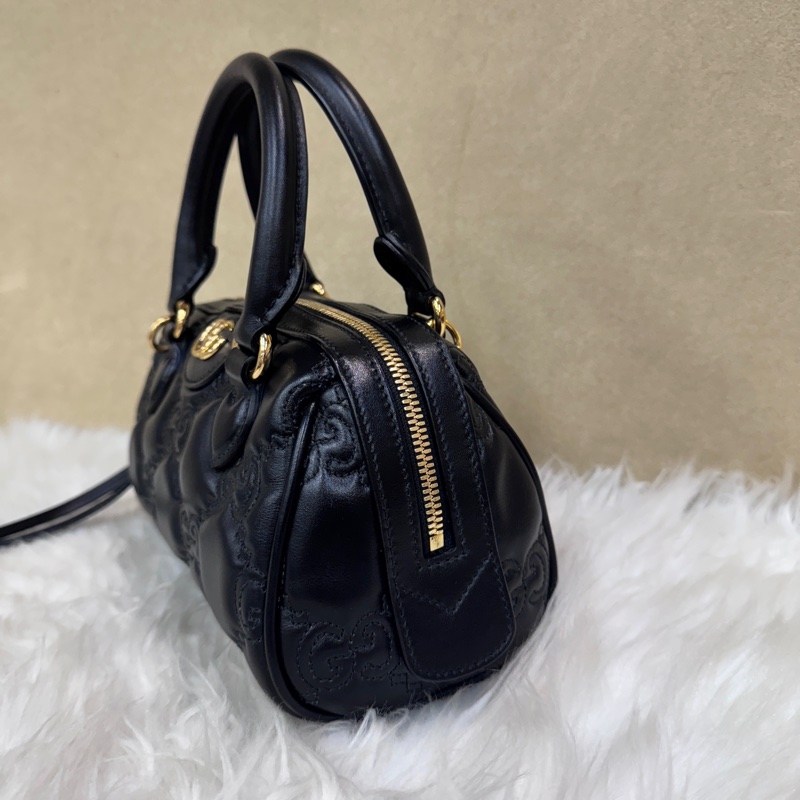 Gucci 黑金牛皮波士頓包 雙背帶 近全新-3