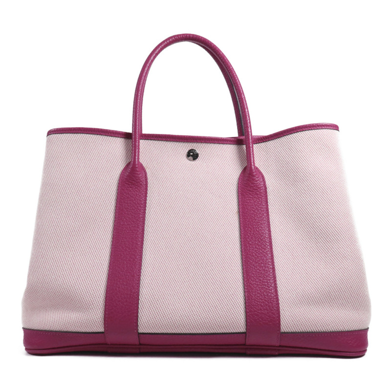 HERMES 帆布/皮革Garden Party PM銀扣手挽袋Rose Pourpre-0