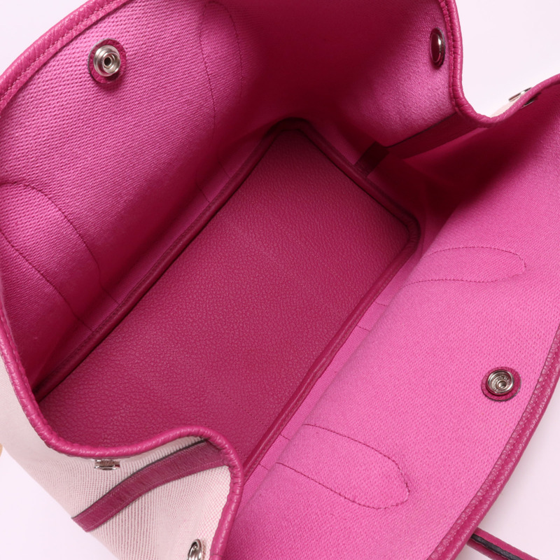 HERMES 帆布/皮革Garden Party PM銀扣手挽袋Rose Pourpre-9