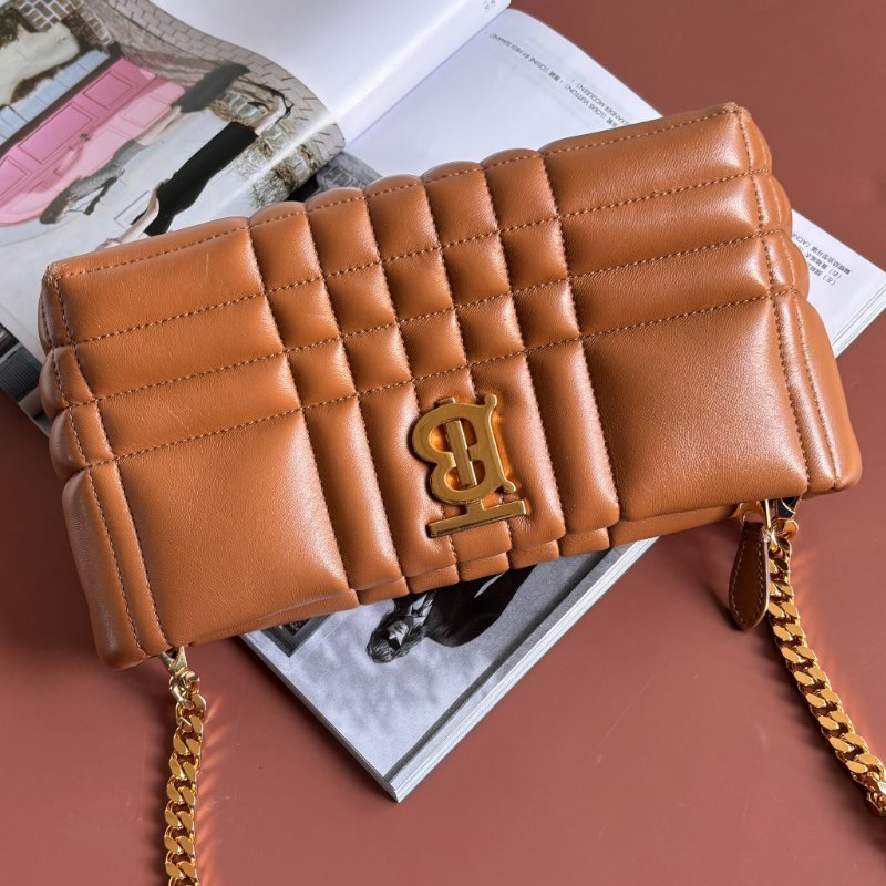 ::BURBERRY:: LOLA 金屬TB LOGO絎縫格紋小羊皮拉鍊方包斜背包(咖)-0