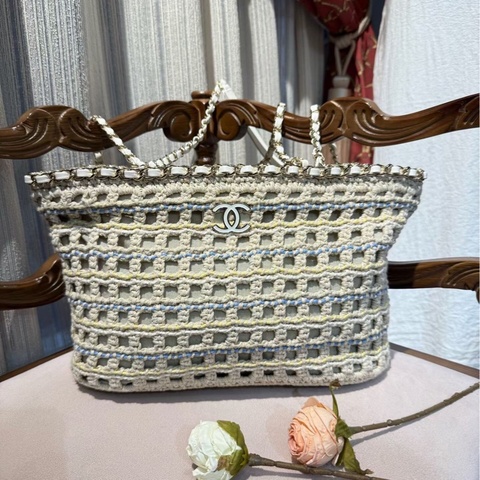 Chanel 香奈儿 蓝白黄钩花编织小号购物袋限量款