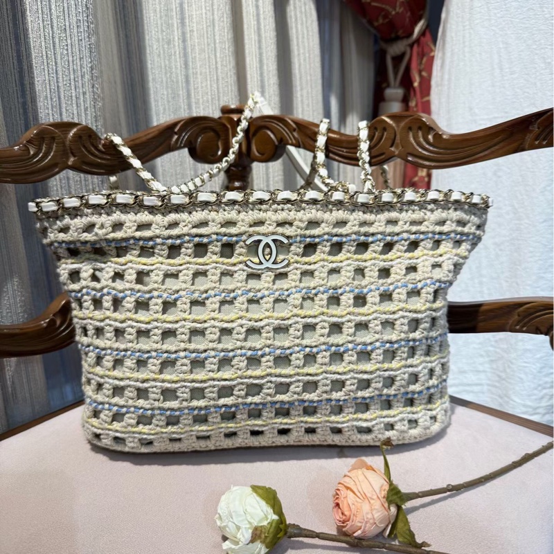 Chanel 香奈儿 蓝白黄钩花编织小号购物袋限量款-0