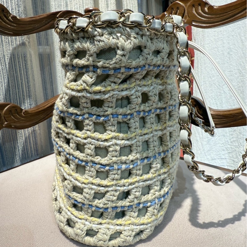 Chanel 香奈儿 蓝白黄钩花编织小号购物袋限量款-3