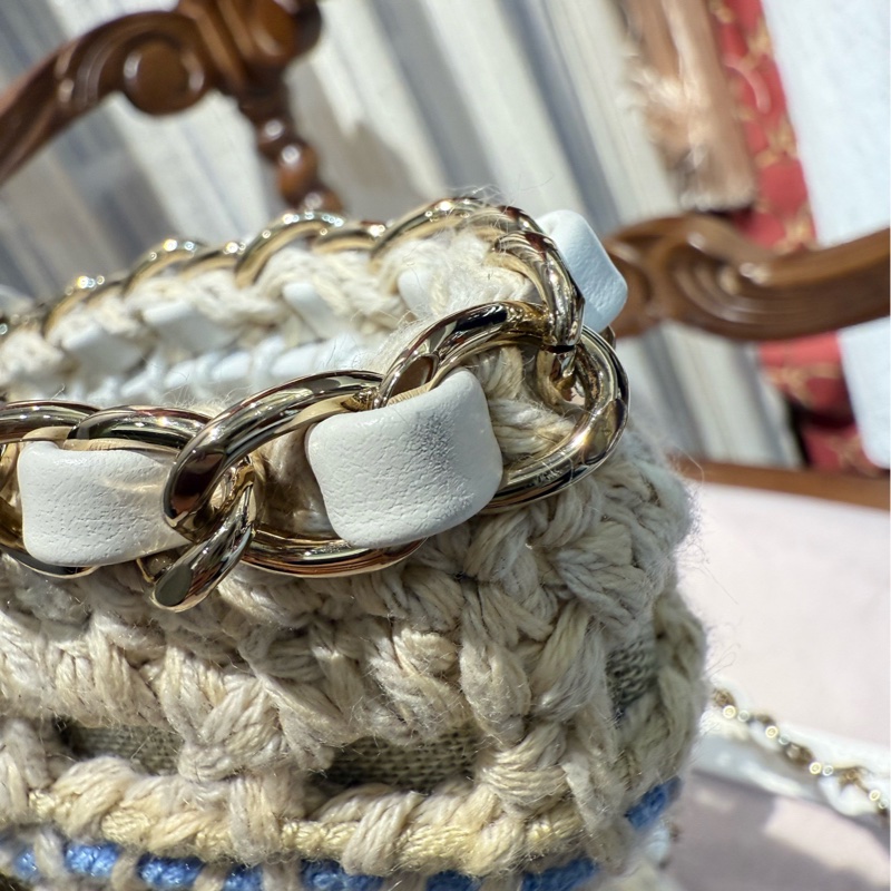 Chanel 香奈儿 蓝白黄钩花编织小号购物袋限量款-7