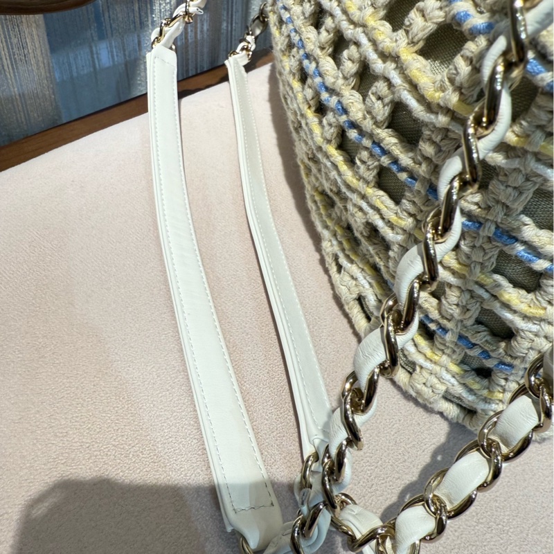 Chanel 香奈儿 蓝白黄钩花编织小号购物袋限量款-8