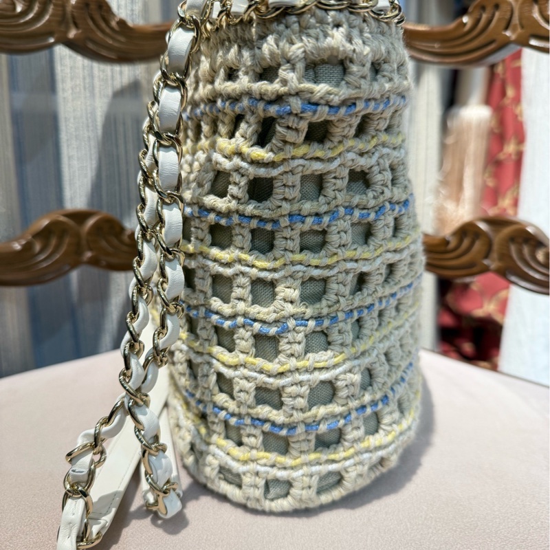 Chanel 香奈儿 蓝白黄钩花编织小号购物袋限量款-9