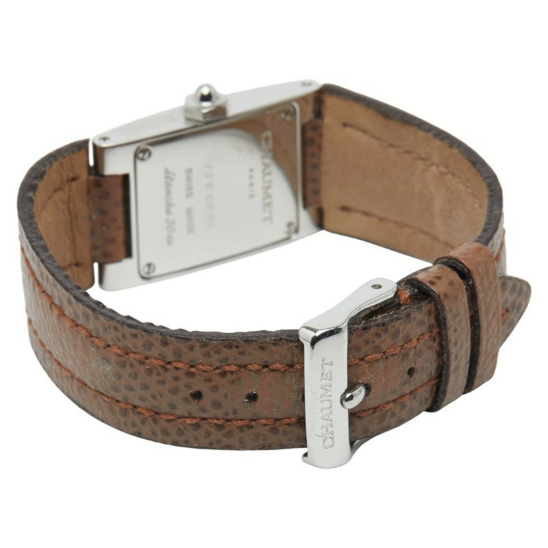 尚美 (Chaumet) 女士長方形石英腕錶,銀色錶盤,不鏽鋼錶殼搭配皮革錶帶-2