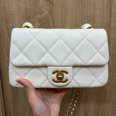 Chanel 白羊皮霧金釦珍珠湯圓20cm斜背包AS4861