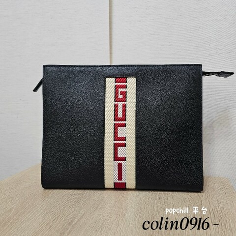 [ 回饋福利出清❣️] Gucci黑牛皮帆布織帶刺繡拉鏈手拿包