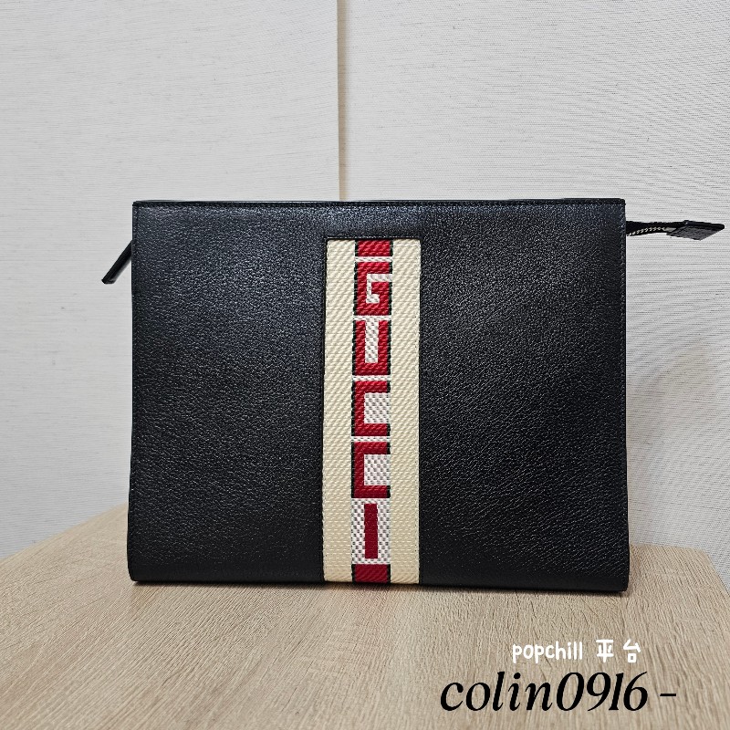 [ 回饋福利出清❣️] Gucci黑牛皮帆布織帶刺繡拉鏈手拿包-0