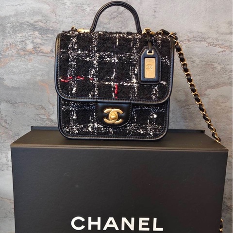 Chanel 香奈兒 經典黑色格紋毛呢豆腐包/手提包/全新閒置美品