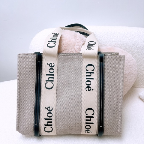 Chloe woody 中號深藍帆布托特包