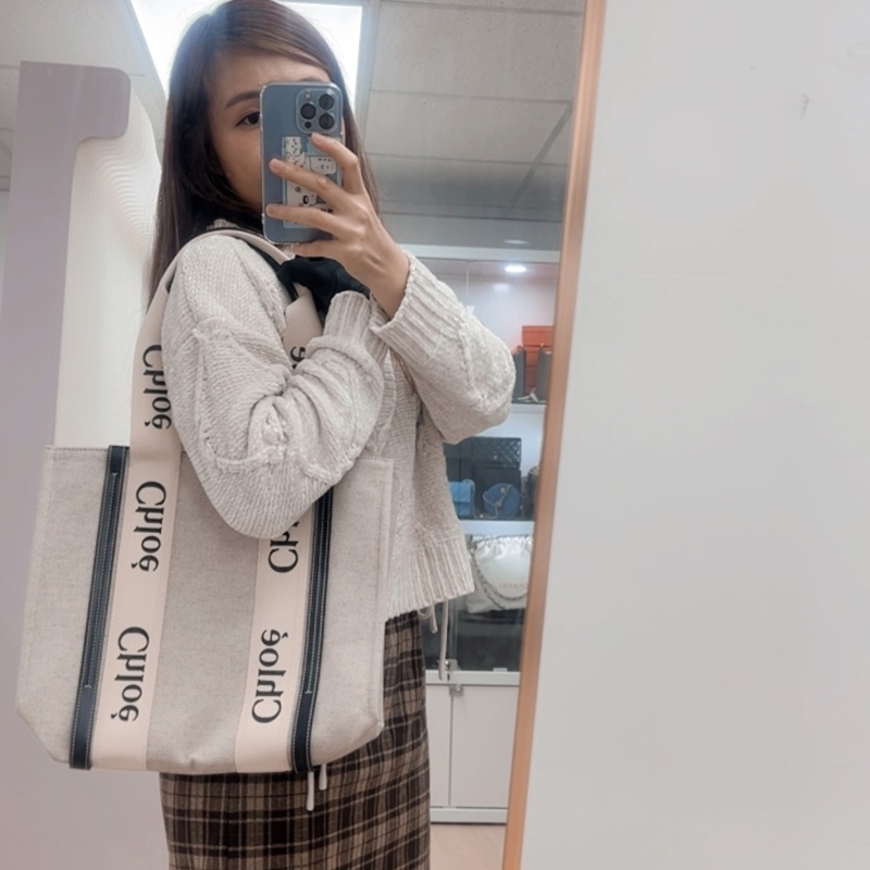 Chloe woody 中號深藍帆布托特包-13