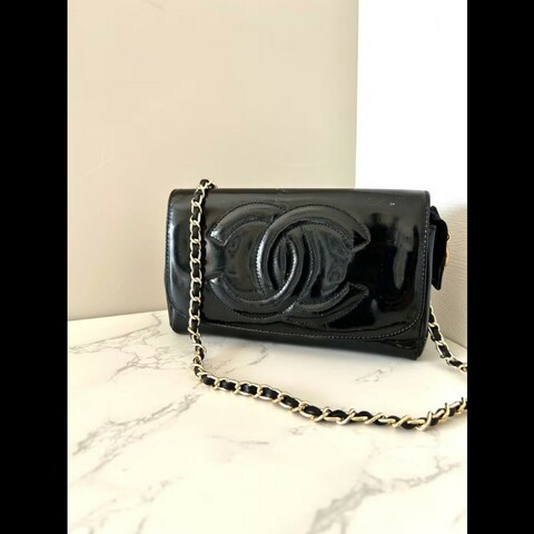 【LA LUNE】Chanel 黑色漆皮皮革連鏡子斜背包 單肩包 側背包 中古包 古董包