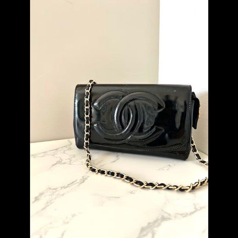 【LA LUNE】Chanel 黑色漆皮皮革連鏡子斜背包 單肩包 側背包 中古包 古董包-0
