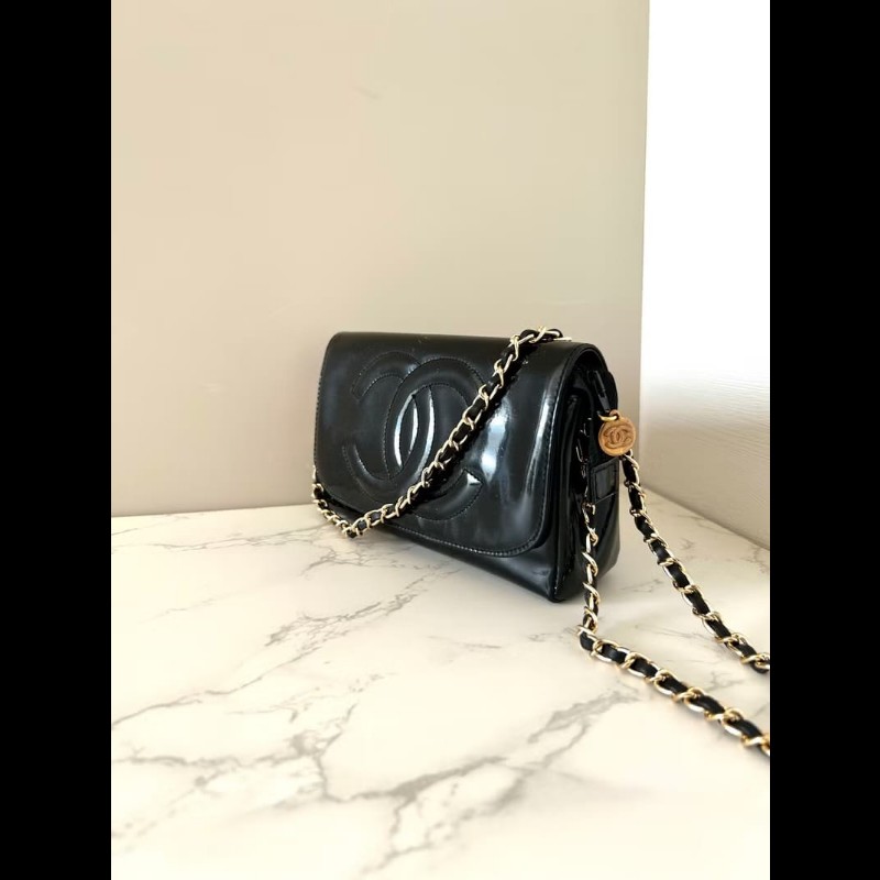 【LA LUNE】Chanel 黑色漆皮皮革連鏡子斜背包 單肩包 側背包 中古包 古董包-3