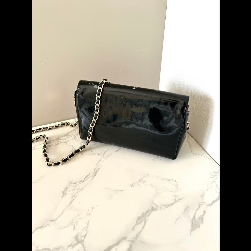 【LA LUNE】Chanel 黑色漆皮皮革連鏡子斜背包 單肩包 側背包 中古包 古董包-4