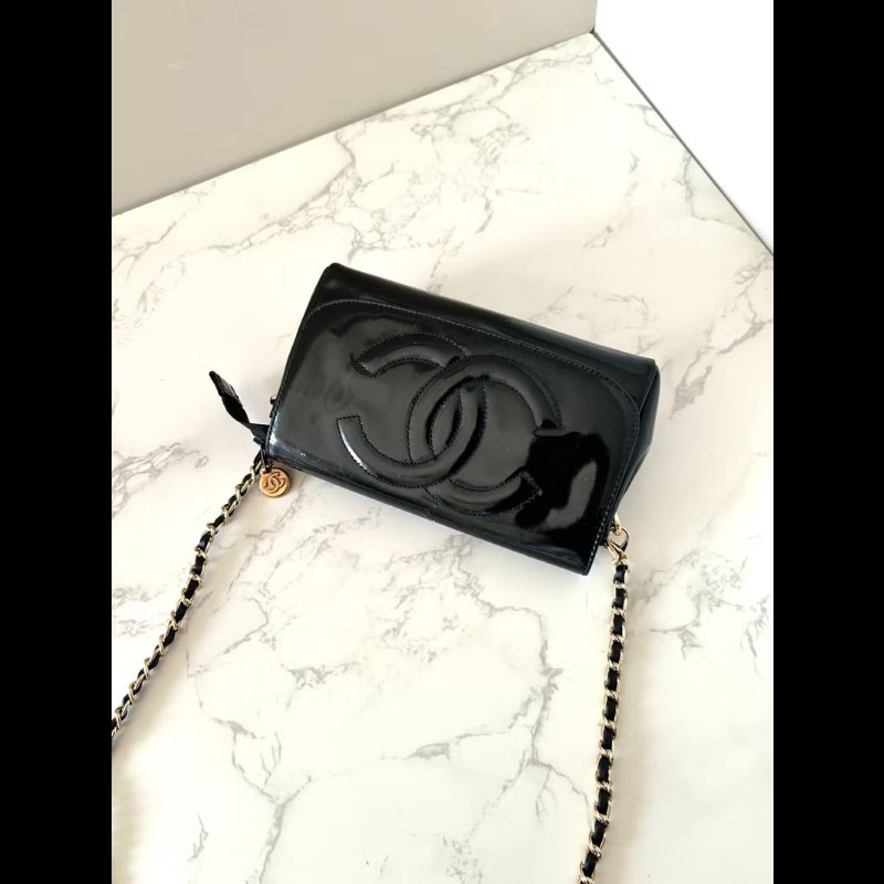 【LA LUNE】Chanel 黑色漆皮皮革連鏡子斜背包 單肩包 側背包 中古包 古董包-5