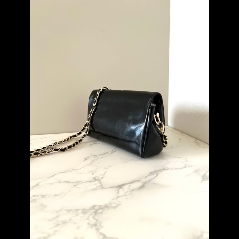 【LA LUNE】Chanel 黑色漆皮皮革連鏡子斜背包 單肩包 側背包 中古包 古董包-7