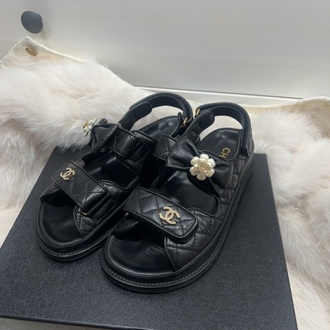 Chanel 黑色涼拖鞋 蝴蝶結 山茶花
