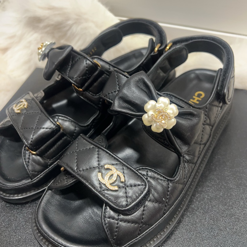 Chanel 黑色涼拖鞋 蝴蝶結 山茶花-1