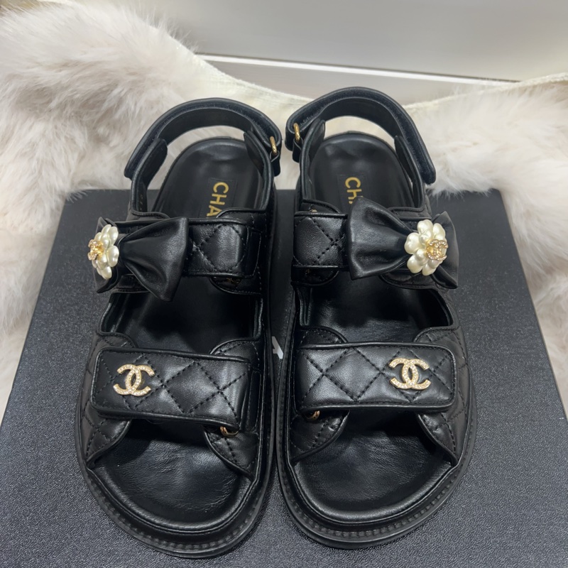 Chanel 黑色涼拖鞋 蝴蝶結 山茶花-2