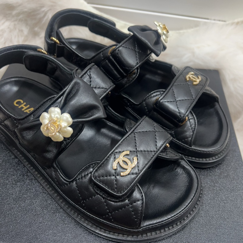 Chanel 黑色涼拖鞋 蝴蝶結 山茶花-3