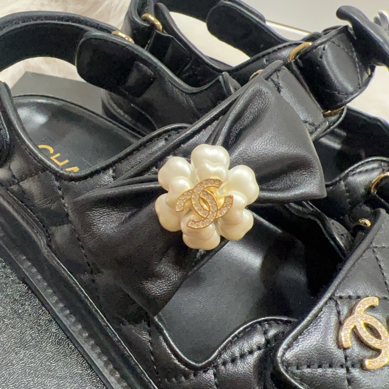 Chanel 黑色涼拖鞋 蝴蝶結 山茶花-4