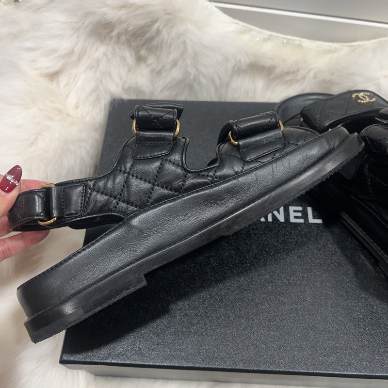 Chanel 黑色涼拖鞋 蝴蝶結 山茶花-8