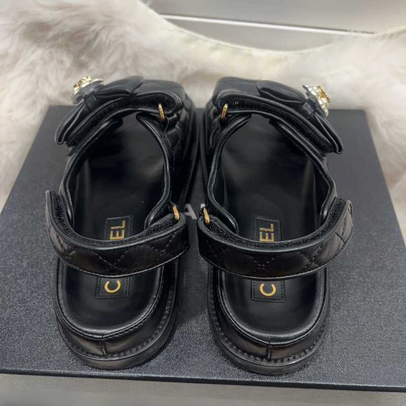 Chanel 黑色涼拖鞋 蝴蝶結 山茶花-11