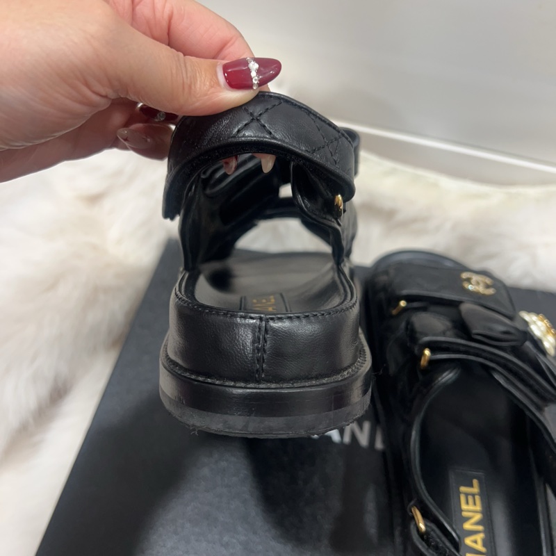 Chanel 黑色涼拖鞋 蝴蝶結 山茶花-13