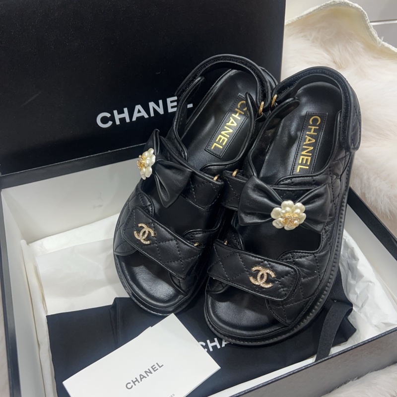 Chanel 黑色涼拖鞋 蝴蝶結 山茶花-19