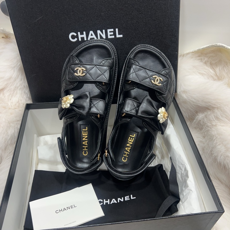 Chanel 黑色涼拖鞋 蝴蝶結 山茶花-20
