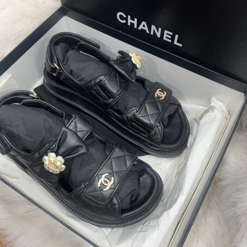 Chanel 黑色涼拖鞋 蝴蝶結 山茶花-21