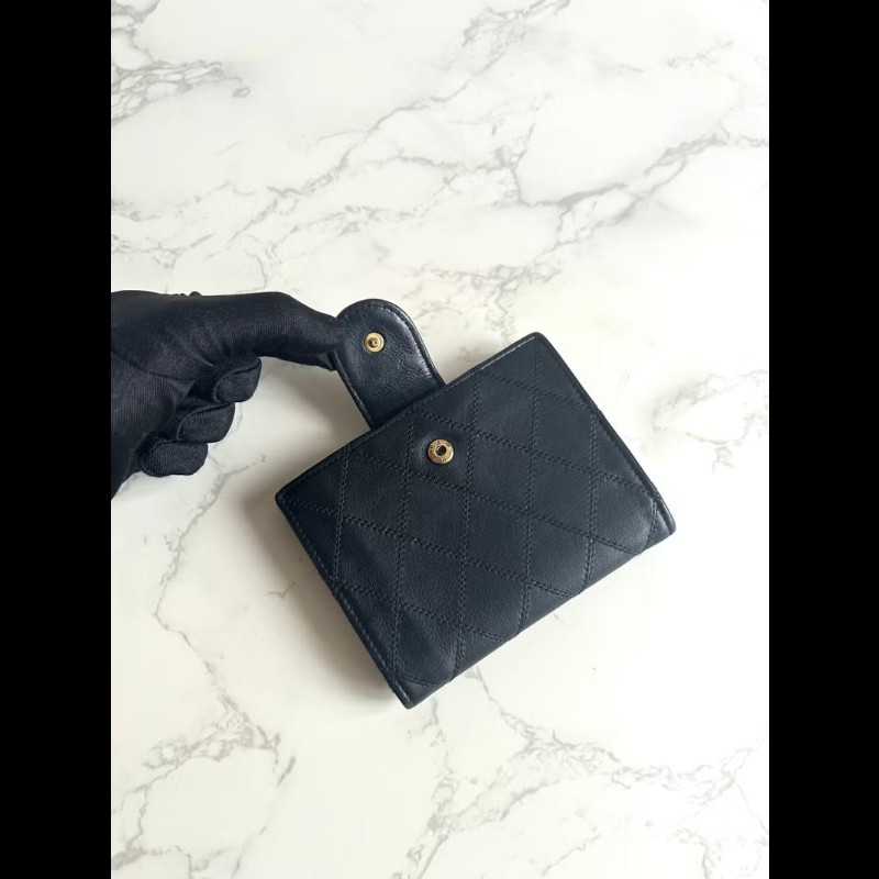 【LA LUNE】中古二手Chanel黑色小羊皮金扣皮革中短夾銀包小手袋-7